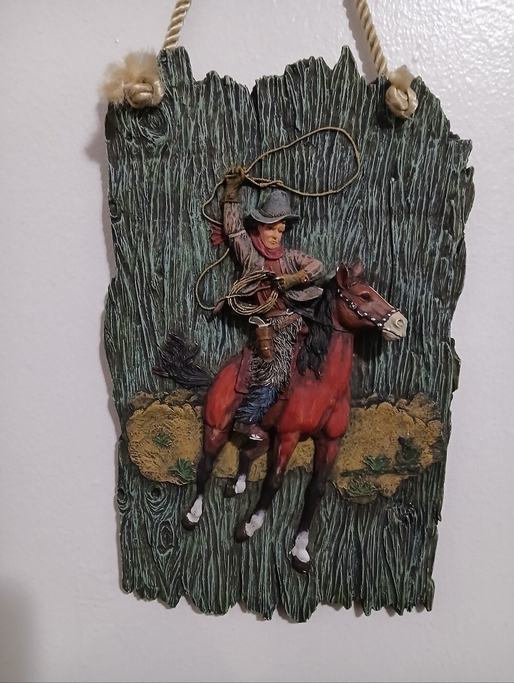 Rodeo Cowboy Roper With Horse 3D Western Wall Art Chalkware Hanging Plaque Decor